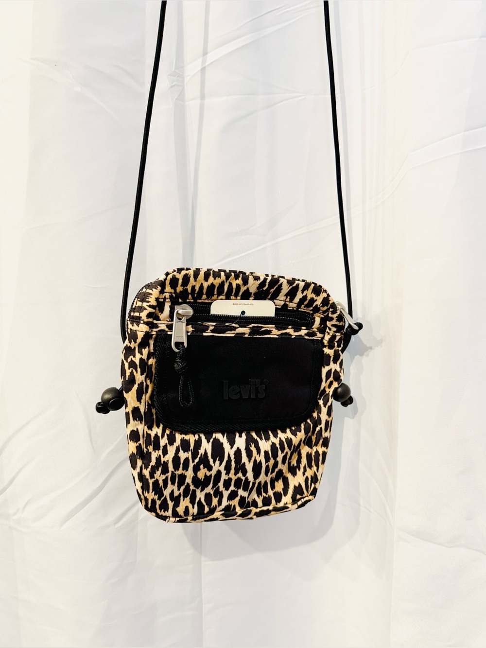 Levi's Purse Leopard Print Crossbody Black & Tan Adjustable Cord Strap New